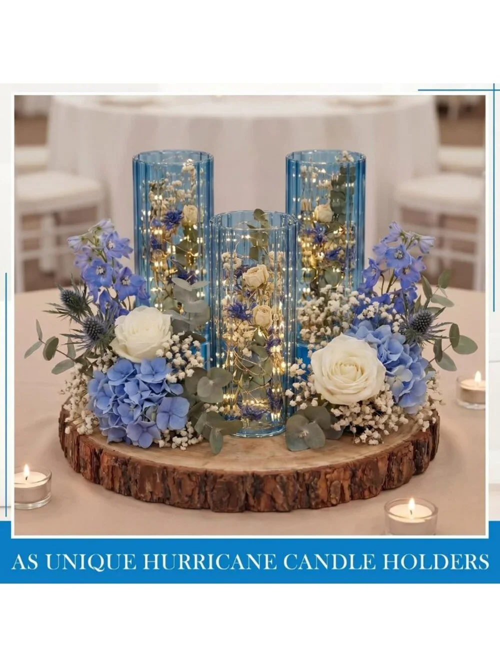 Set of 6 Blue Ribbed Glass Cylinder Vases - 8 Inch Tall Decorative Home Accents